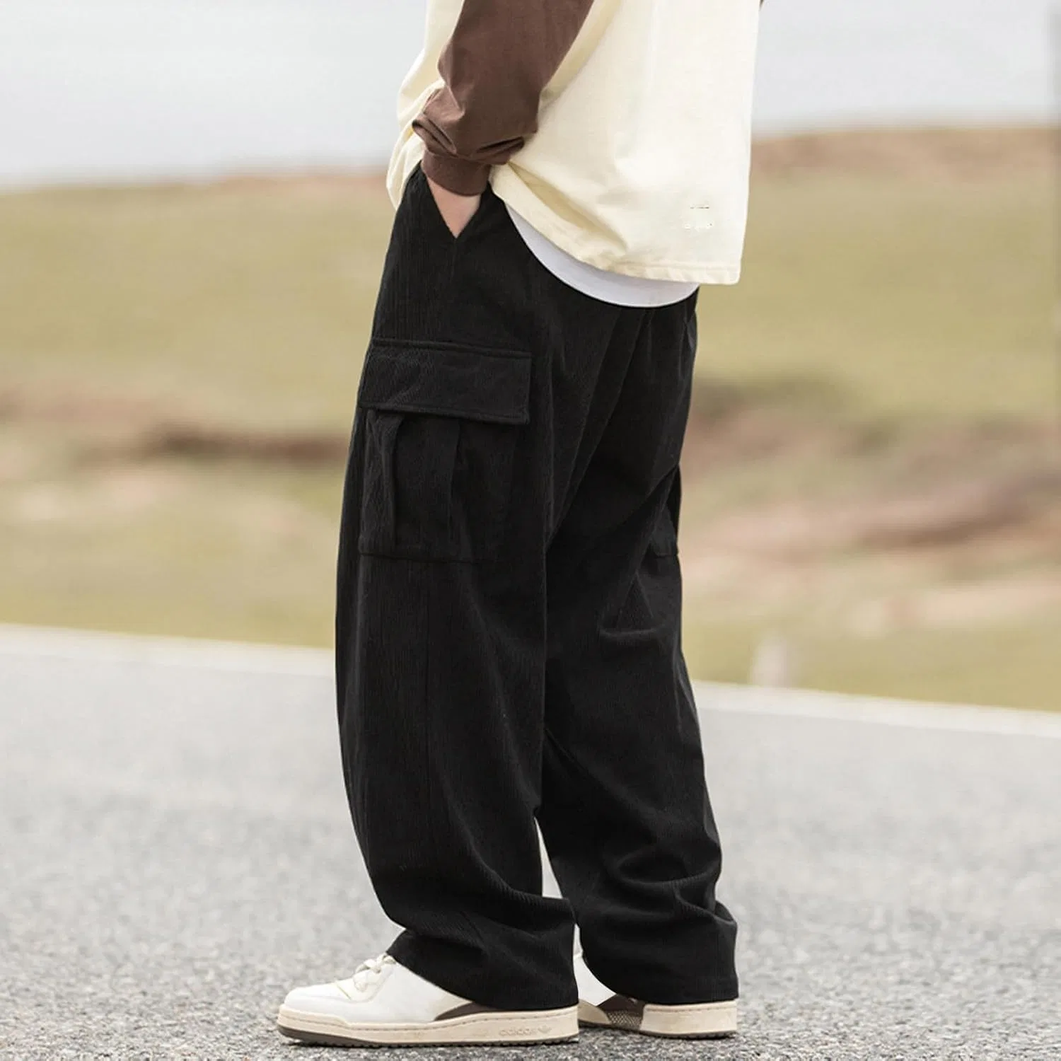 Мужские широкие брюки-карго из вельвета, Vintage Elastic Waist Casual Drawstring Wide Leg Pants Hip Hop Streetwear Pants, чёрный — фото 3