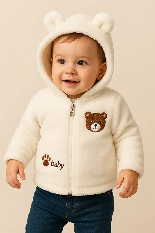 Детский кардиган из плюша на молнии с капюшоном Uğur Bebe, Nude Color