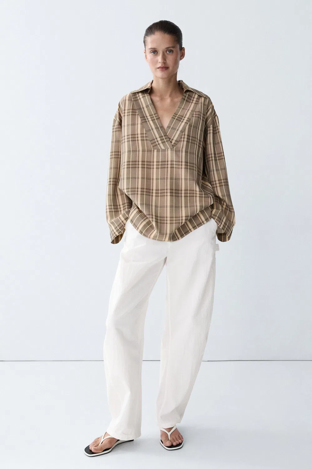 Рубашка-поло Massimo Dutti, оверсайз в клетку, серый — фото 4