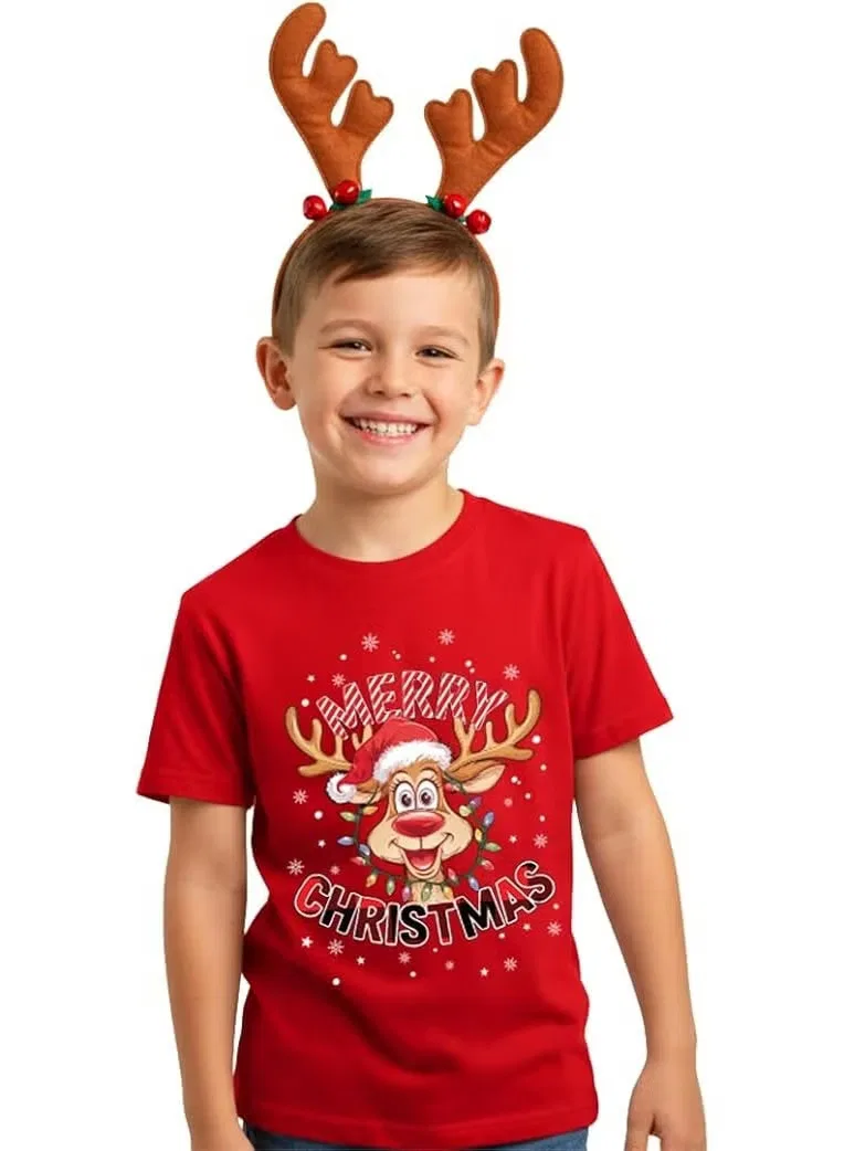 Футболка детская новогодняя с принтом Merry Christmas Reindeer Sitara Fashions, красный — фото 4