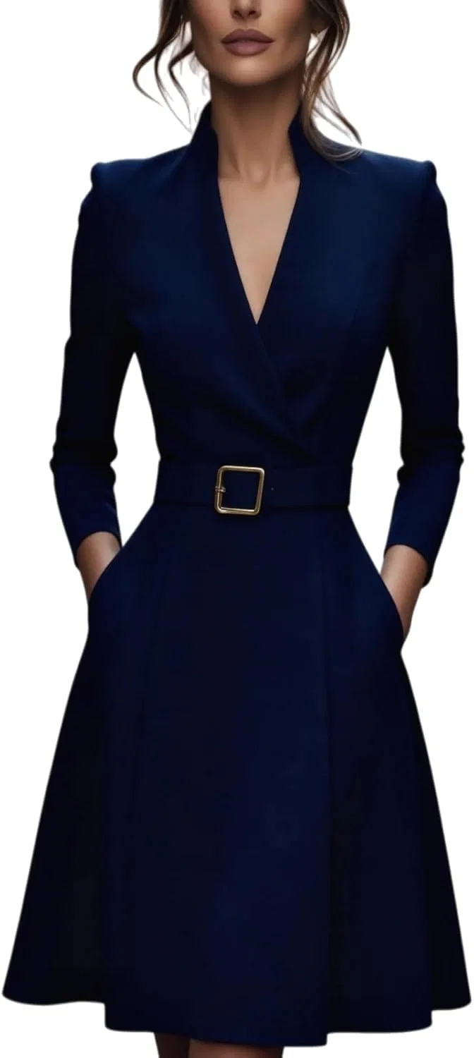 Женское платье-футляр с воротником-мандарин, модель Refined Belted Sheath Dress, тёмно-синий