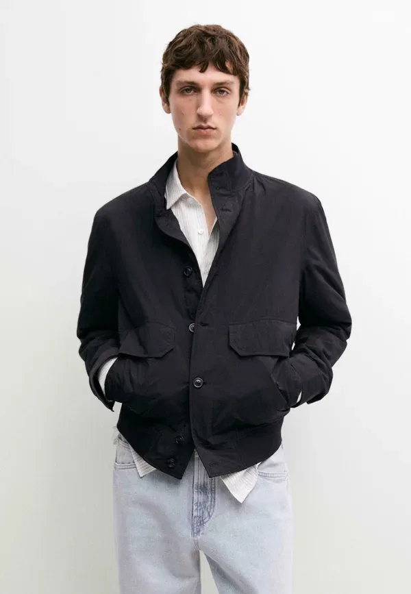 Куртка из полиамида Bomber jacket with pocket details Massimo Dutti, темно-синий