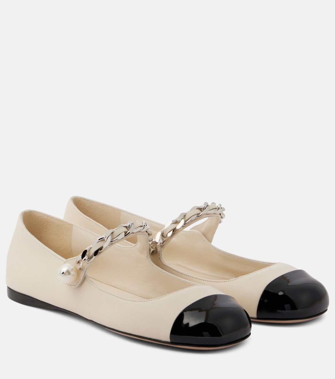 Кожаные балетки Mary Jane с цепочкой Miu Miu, Avorio + Nero