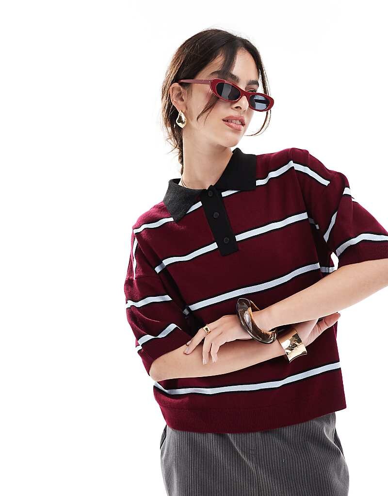

Бордовая полосатая рубашка-поло оверсайз ASOS DESIGN