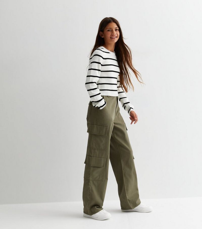 

Хлопковые широкие брюки карго цвета хаки для девочек New Look, хаки