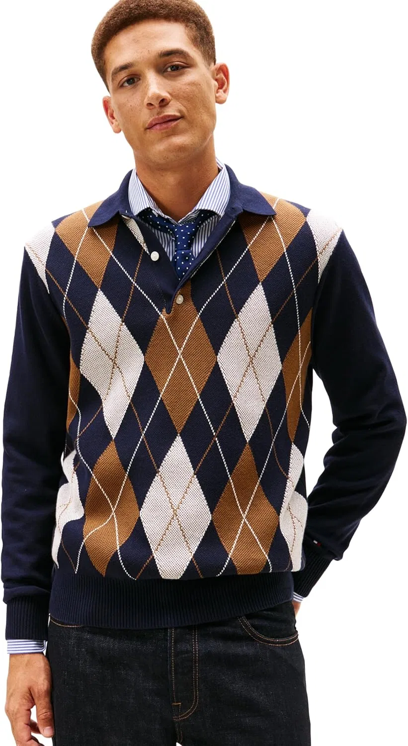 Tommy Hilfiger мужской хлопковый пуловер-поло с длинным рукавом в узоре аргайл, Desert Sky