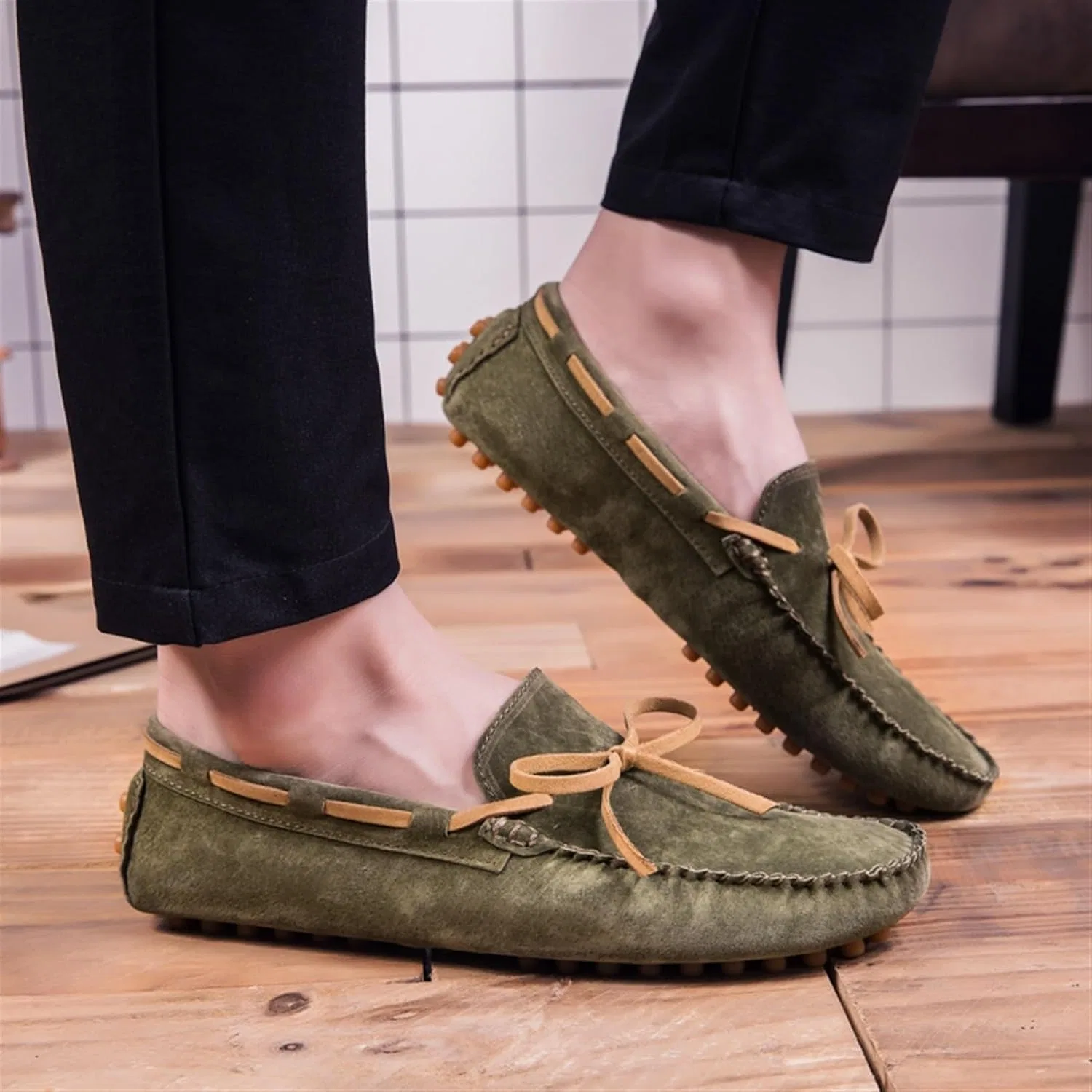 Туфли мокасины замшевые, Loafers, зеленый DHFIRUFSHLO — фото 2