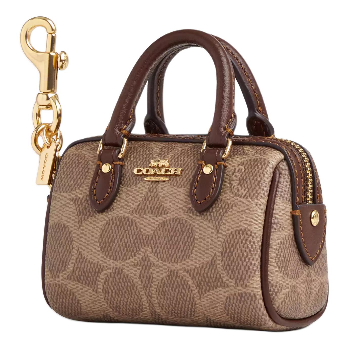 

COACH Мини-сумка-шарм из покрытого холста с гладкой кожей, Gold & Tan & Brown