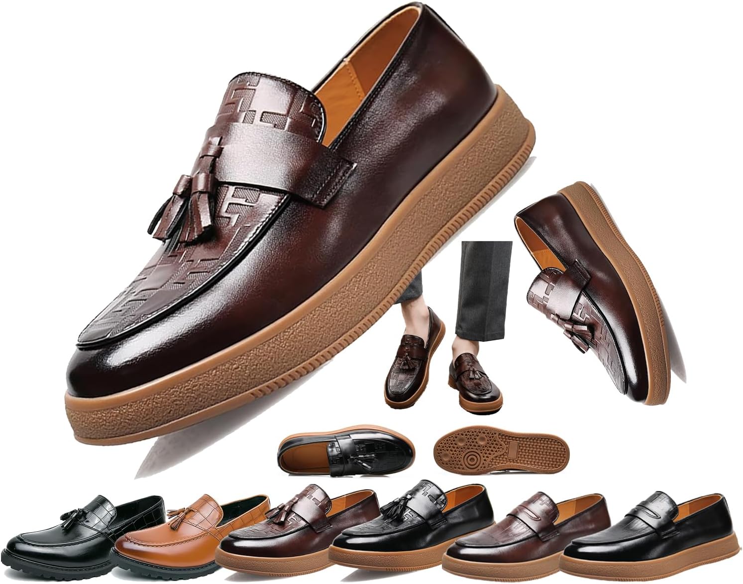 

Мужские кожаные лоферы с кисточками в клетку, ретро с круглым носком, удобные нескользящие, на плоской подошве, для свиданий, бизнеса и вечеринок Generic, Brown-a