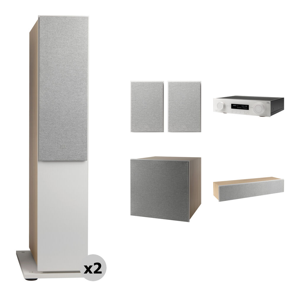 

JBL MA710 7.2-канальный A/V-ресивер и комплект акустики объемного звучания 5.1 (латте/белый)
