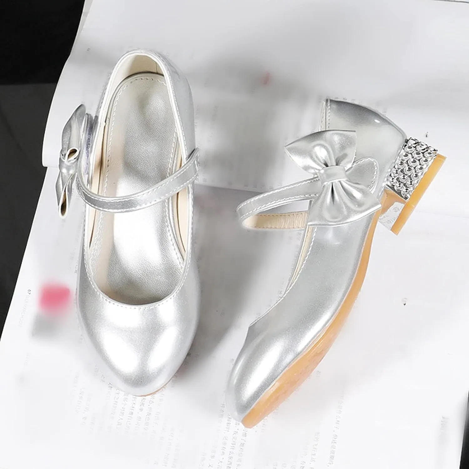 Детские туфли для девочек с бантом Mary Jane Flat Princess Wedding Party Bowknot Child Little/Big Kids School Low Heel Rhinestone Egmy, Silver — фото 2