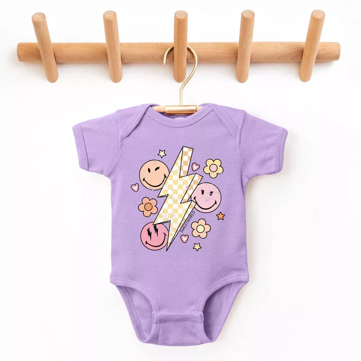 Детский боди с принтом SmileyWorld Checkered Lightning Floral The Juniper Shop, Lavender — фото 2