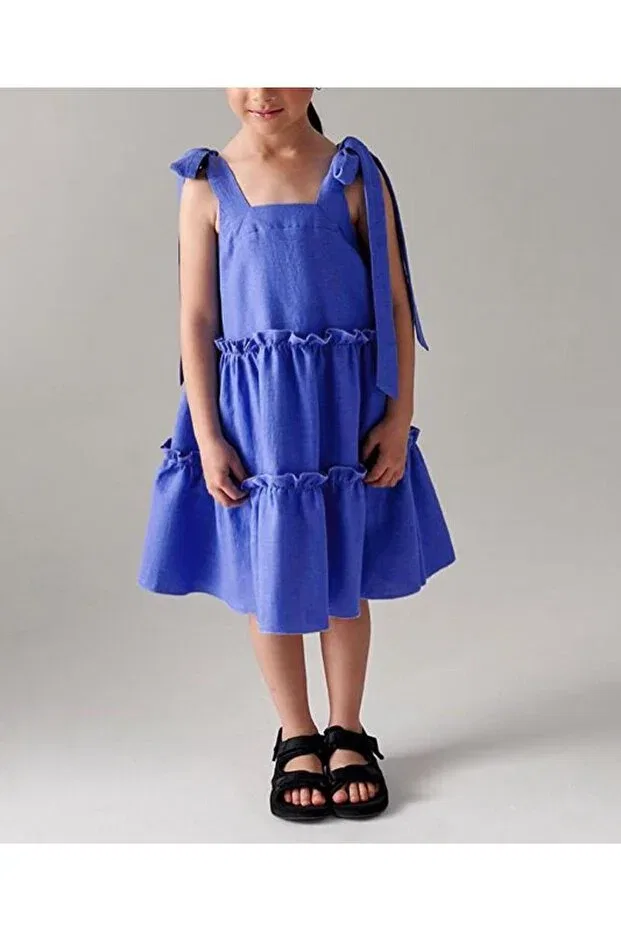 Детское платье для девочек хлопковое Ribbon Strap Pink Hippo Kids, Saks Blue — фото 2
