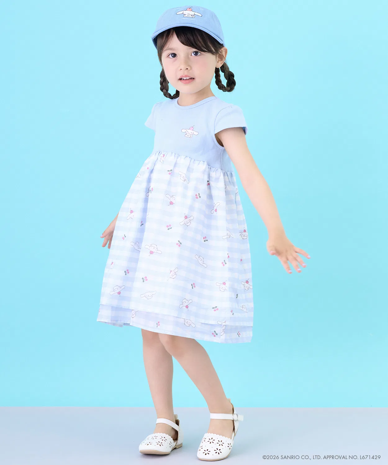 Детское платье для девочек с коротким рукавом, хлопковое, Sanrio Characters, petit main, Light Blue