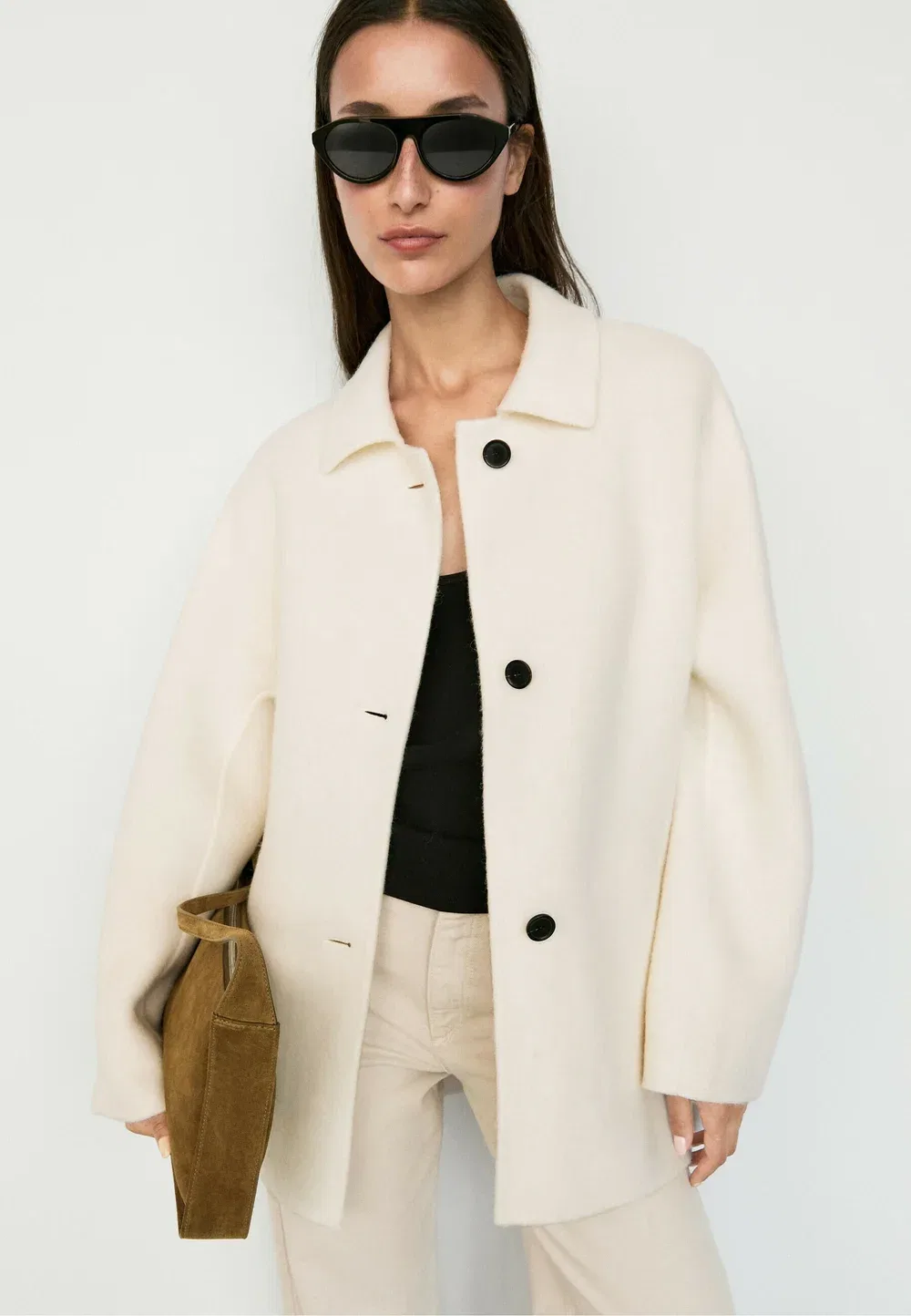 Однобортное пальто средней длины из шерстяной смеси - классическое пальто Massimo Dutti, White