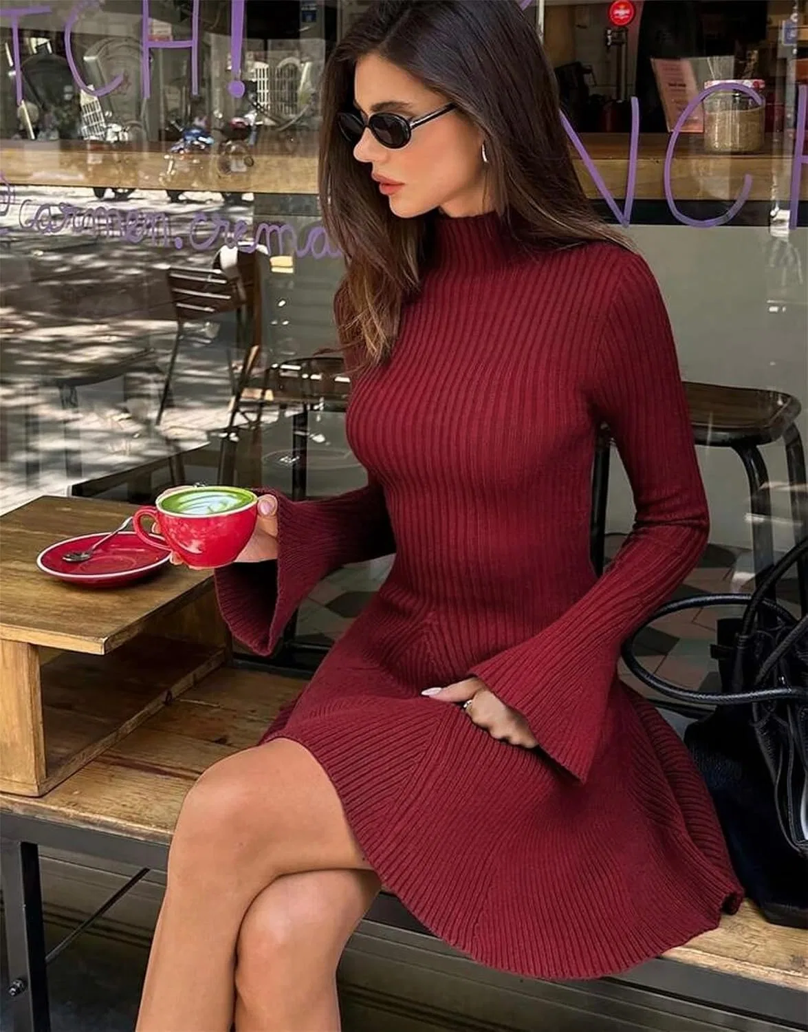 Женское платье A-line из рибаны с круглым вырезом, Khaki — фото 3