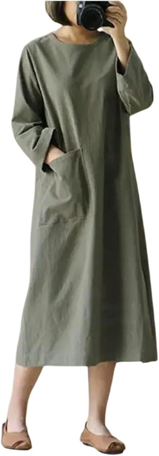 Женское летнее платье из льна с круглым вырезом, Army Green
