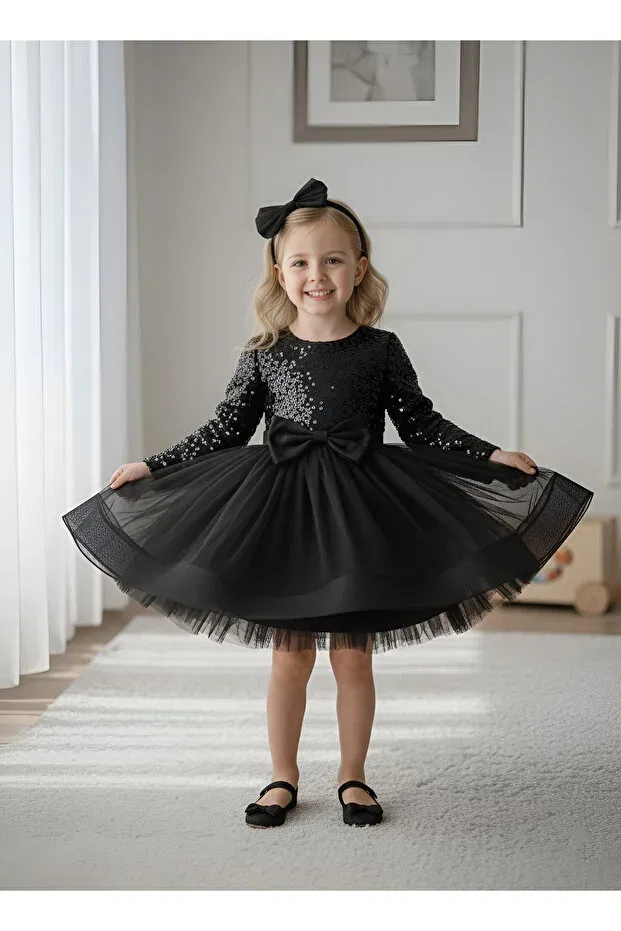 Детское платье для девочек с длинным рукавом Birthday party evening dress Mixie, Black