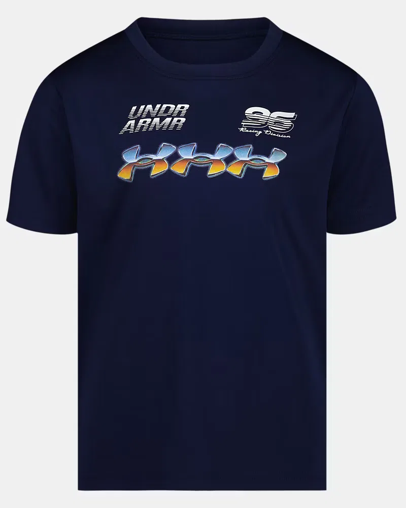 Футболка для мальчиков с быстросохнущей влагоотводящей тканью UA Tech Racer UnderArmour, Midnight Navy/White