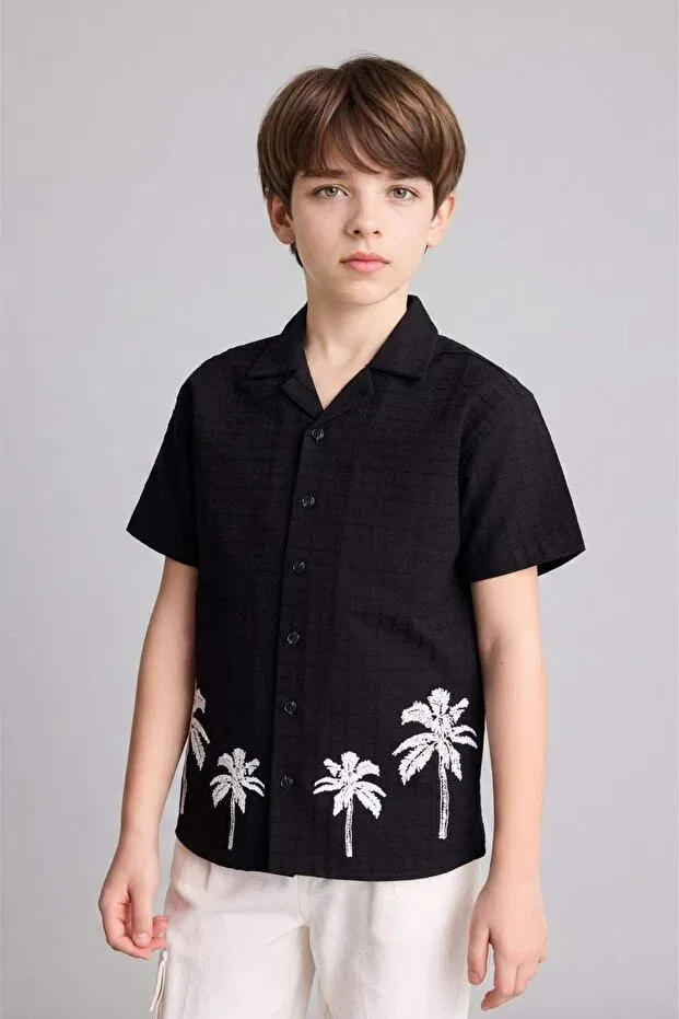 Детская рубашка для мальчиков с принтом Regular fit polo collar tropical patterned short sleeve shirt boys g7700a826sm Defacto, Black Bk81