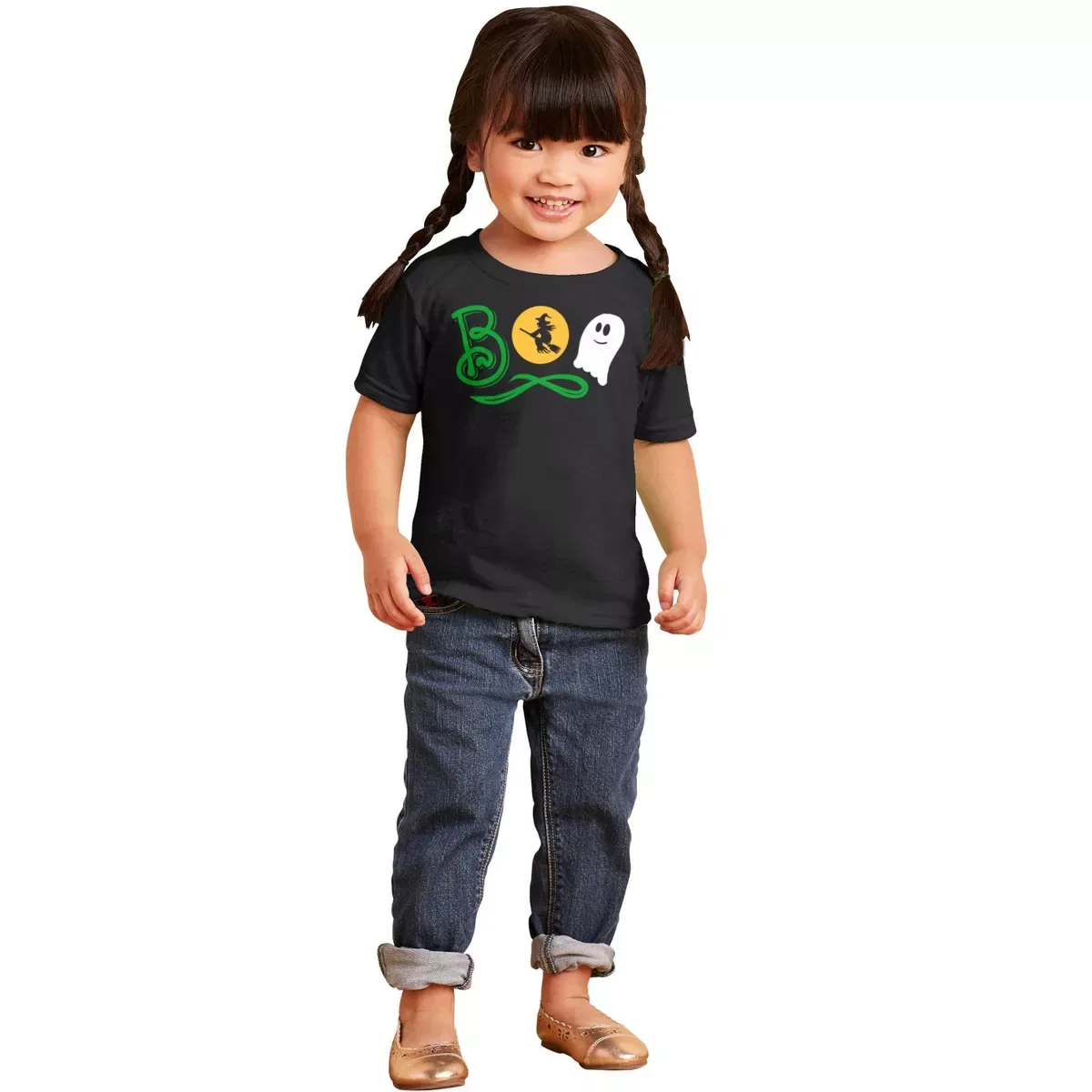 Детская футболка с принтом Boo Cute Witch Ghost Halloween Brisco Brands, Black — фото 3