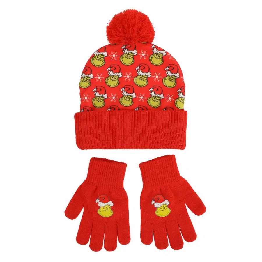 Комплект из вязаной шапки и перчаток с принтом The Grinch, Red & Green