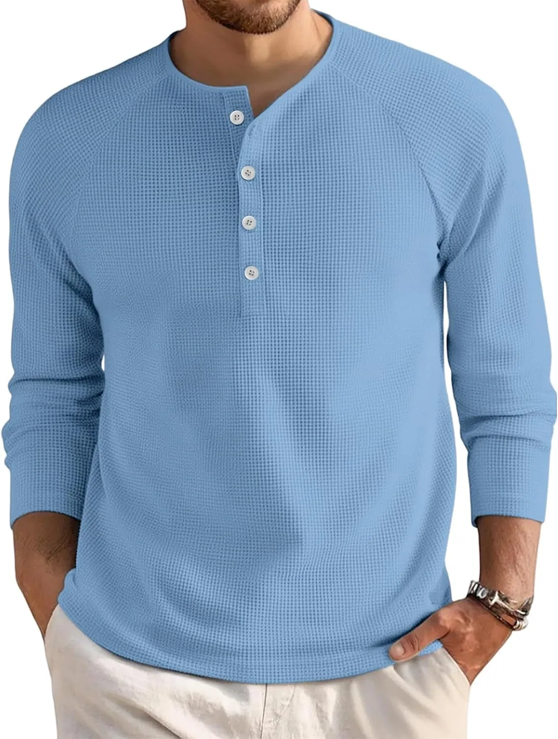 Мужская футболка с длинным рукавом и воротником-хенли OMING, Light Blue