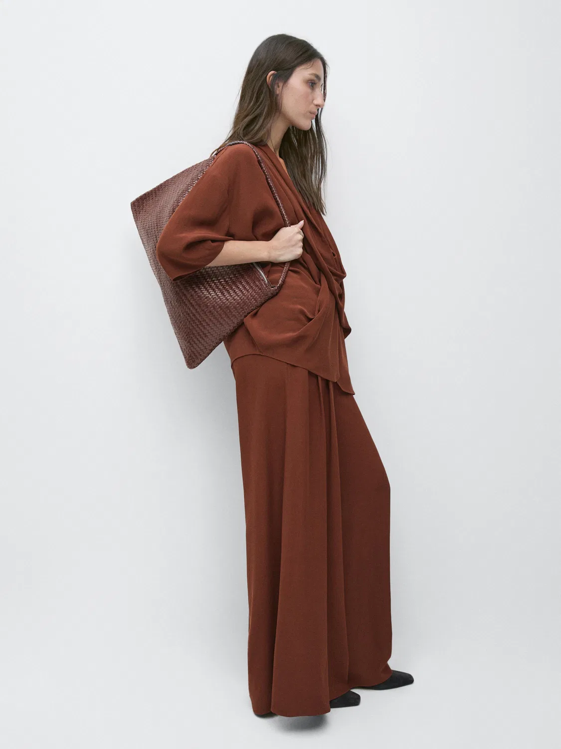 Рубашка Massimo Dutti, струящаяся, с драпировкой, оранжевый — фото 3