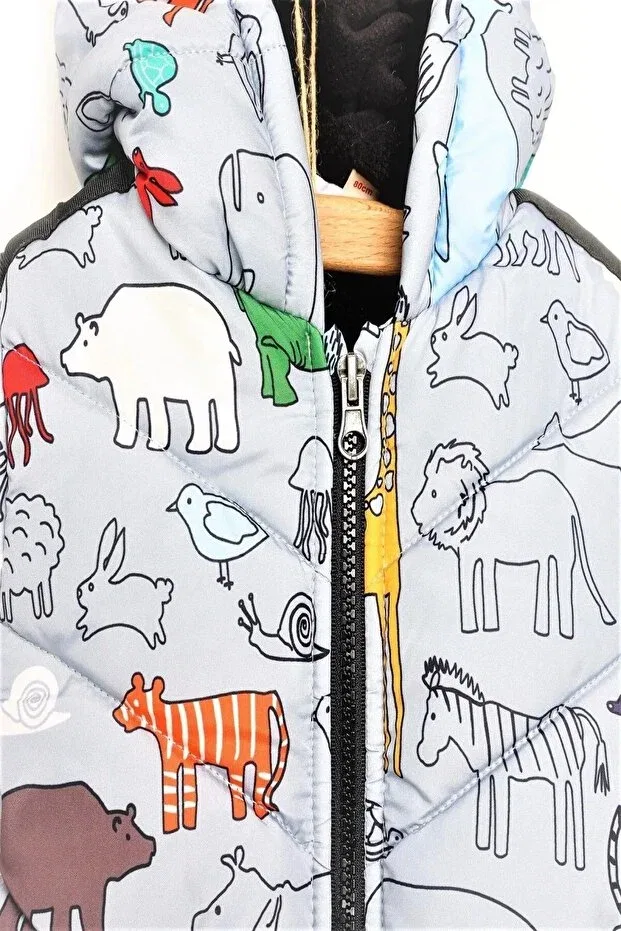 Детское пальто для девочек с капюшоном Soft fabric new season cute mixed animal patterned hooded winter baby coat with pockets Dekubaby, Beige — фото 3