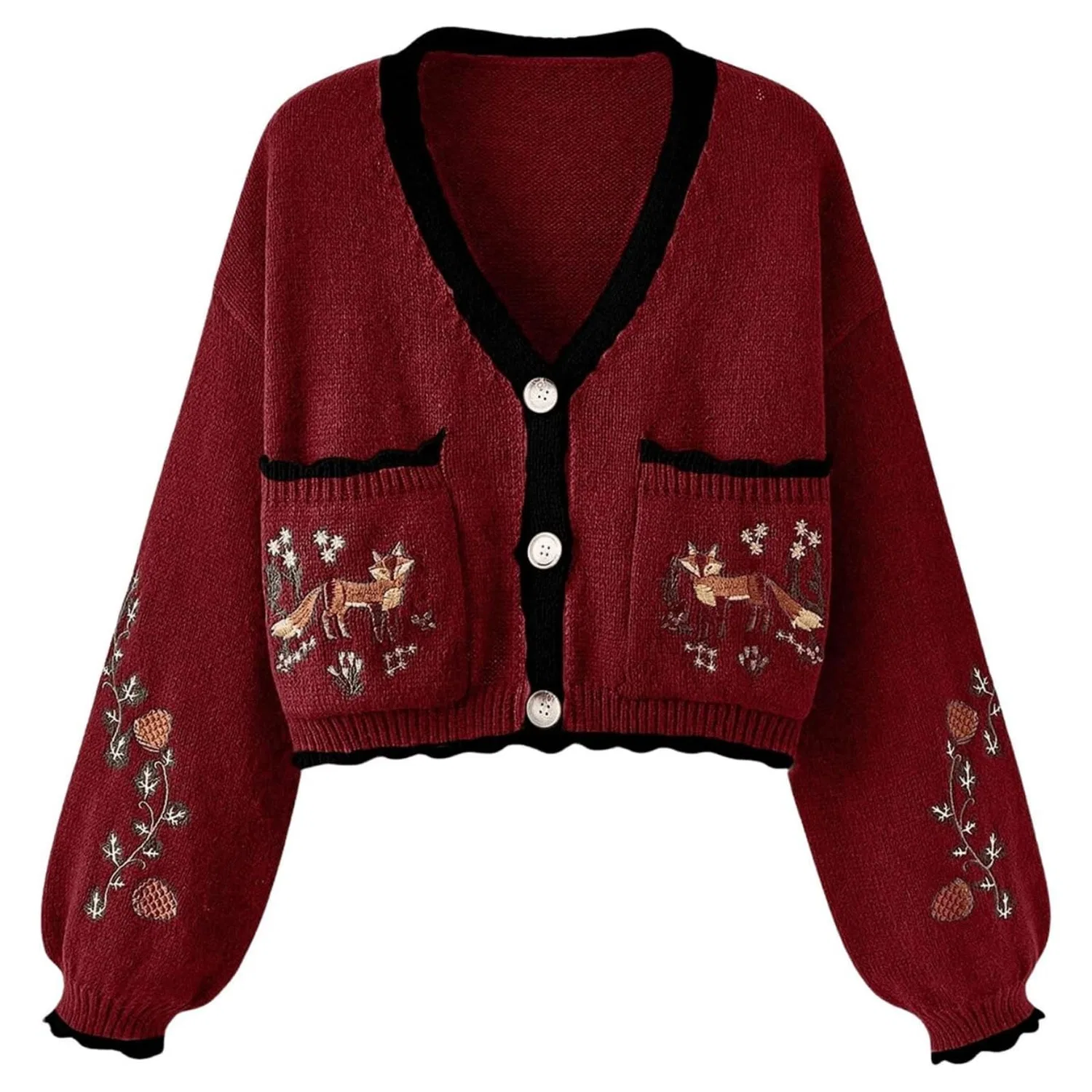 Женский кардиган с цветочной вышивкой Cottagecore Boho, Burgundy