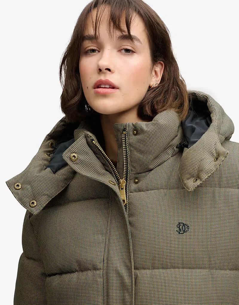Пуховая куртка Superdry Premium с капюшоном, коричневый клетчатая ткань в стиле ретро — фото 2