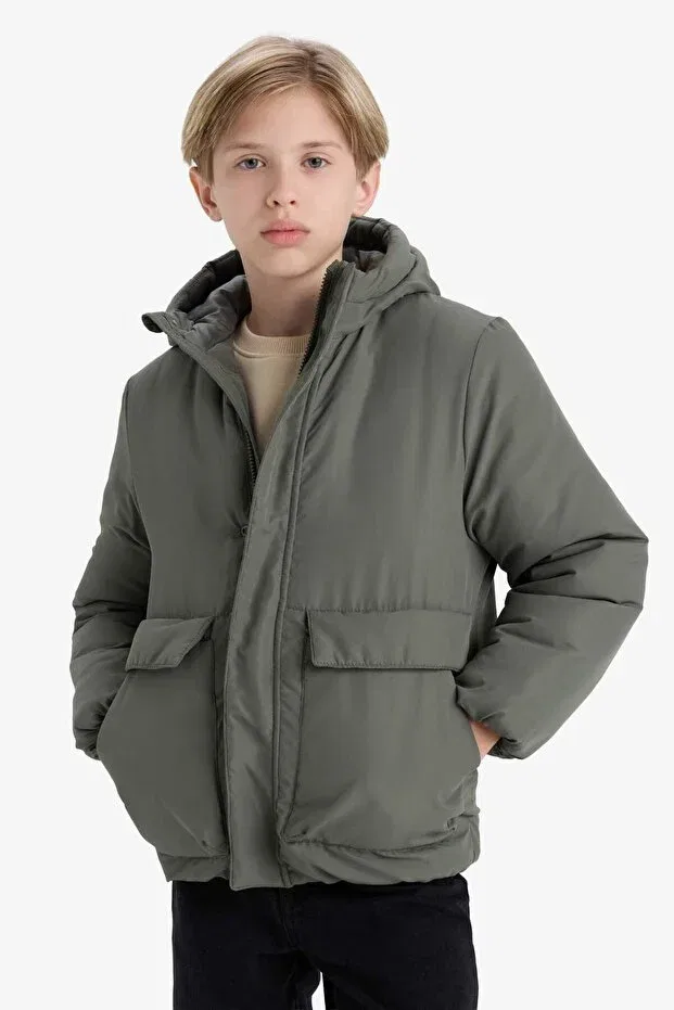 Детское пальто для девочек с капюшоном Defacto, Khaki-Kh450 — фото 4