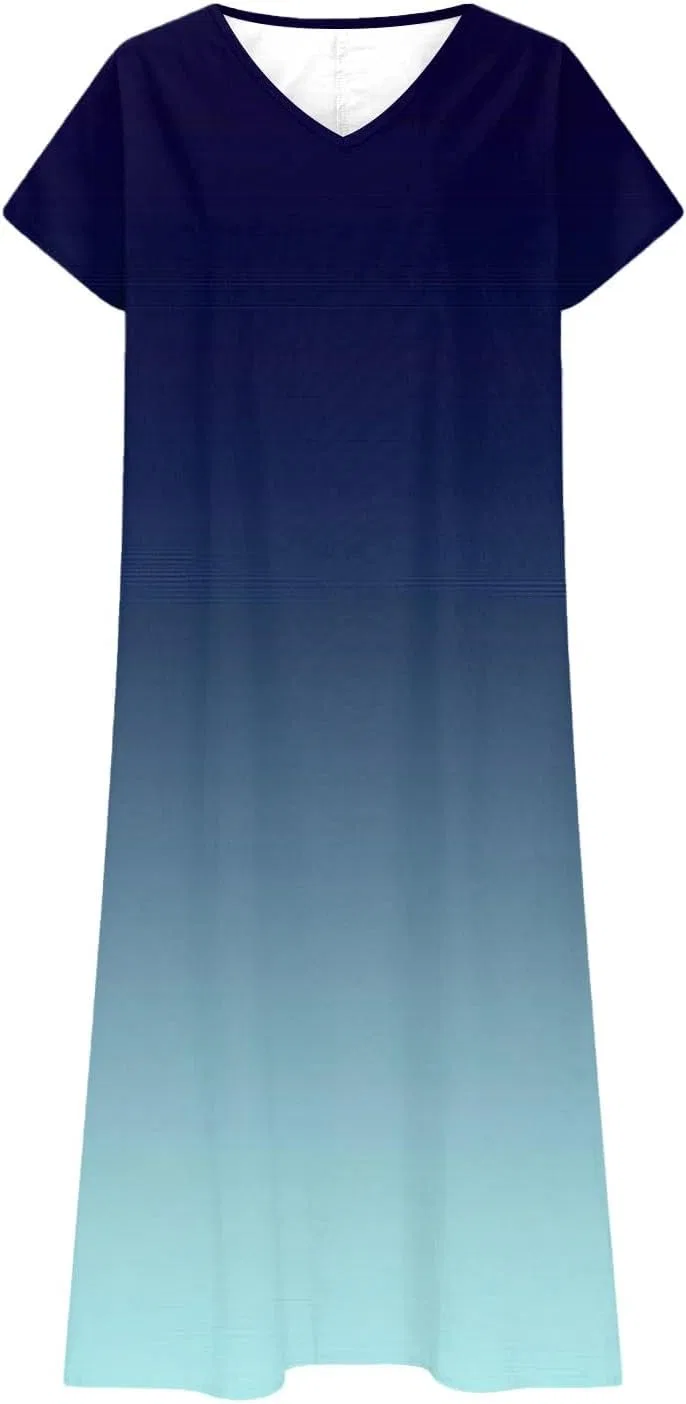 Женское летнее платье макси с V-образным вырезом Cotton Linen, Light Blue — фото 4