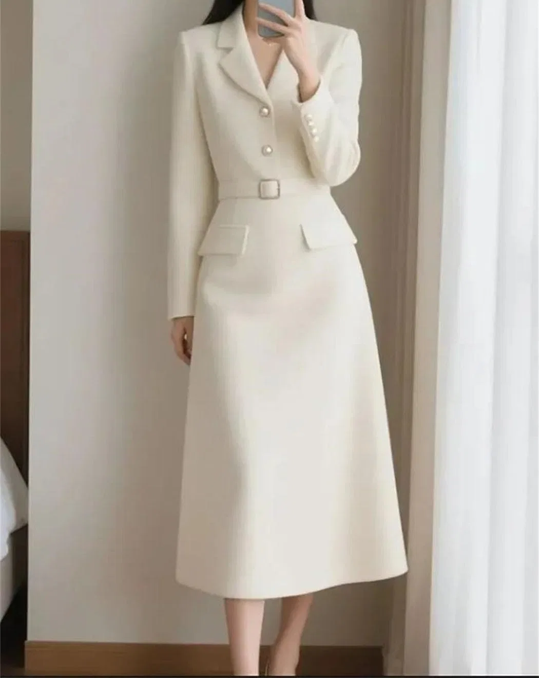 Женское французское свободное платье-жакет с длинным рукавом, White — фото 4