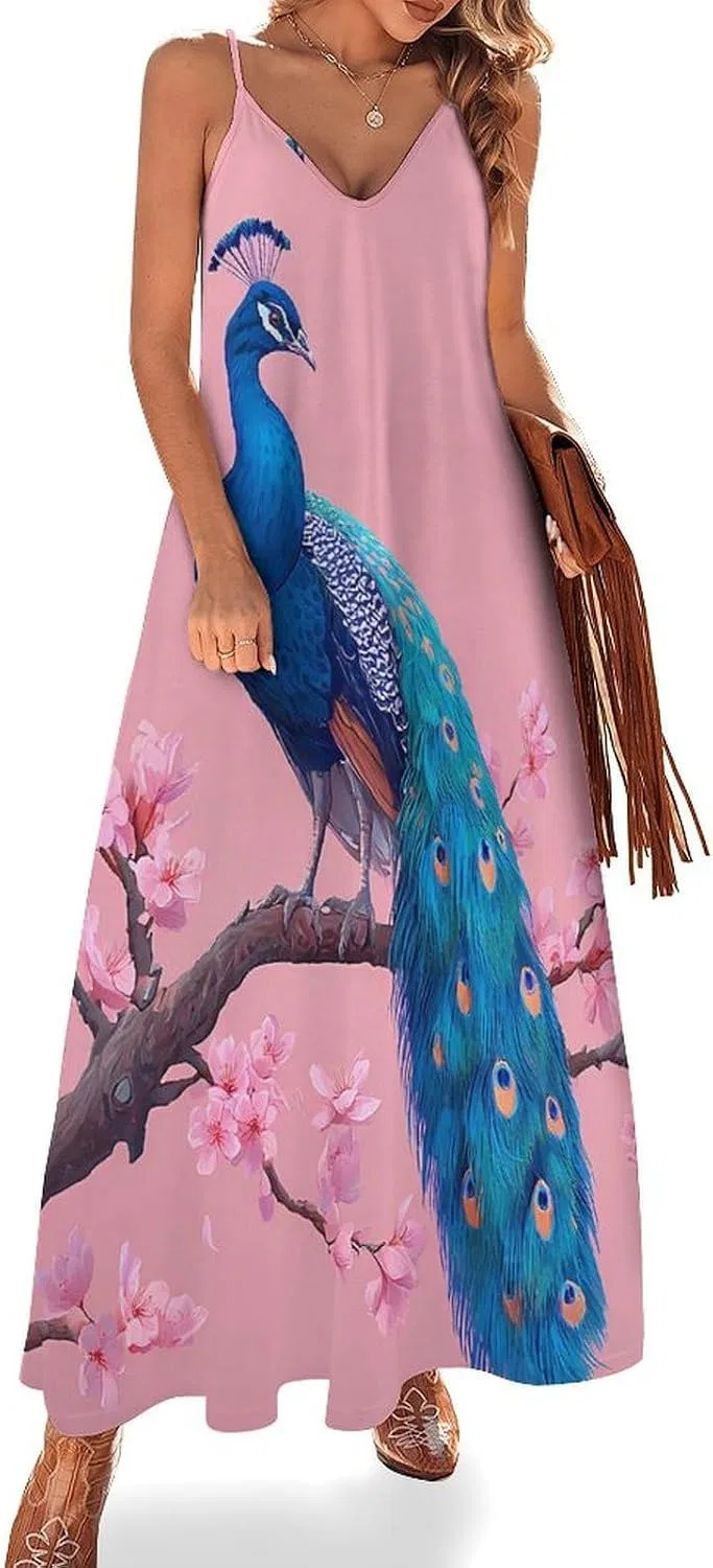 Женское макси-платье на бретелях Peacock Cherry Flowers, Style