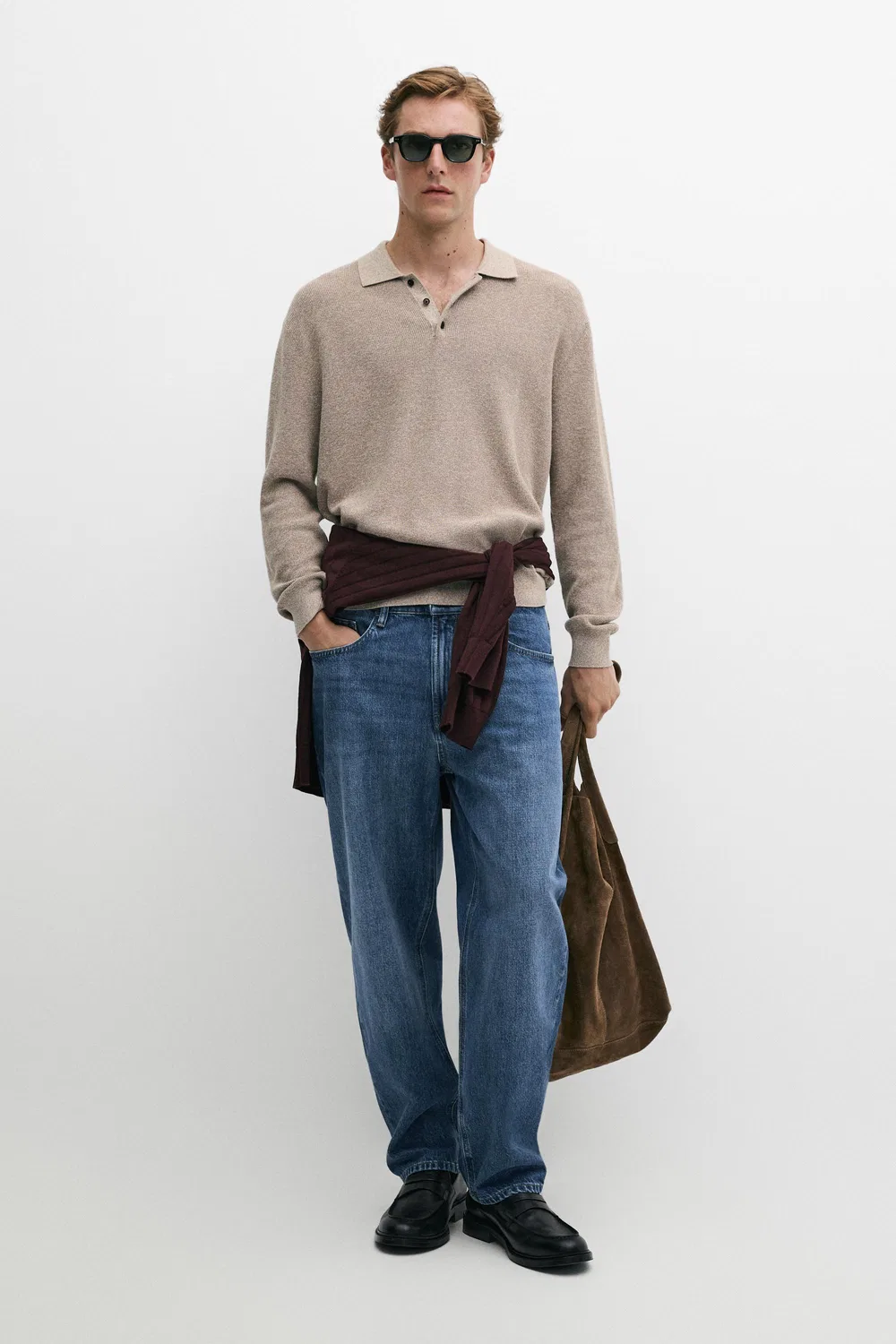 Поло-свитер Massimo Dutti 100% Cotton Mouliné, бежевый — фото 3