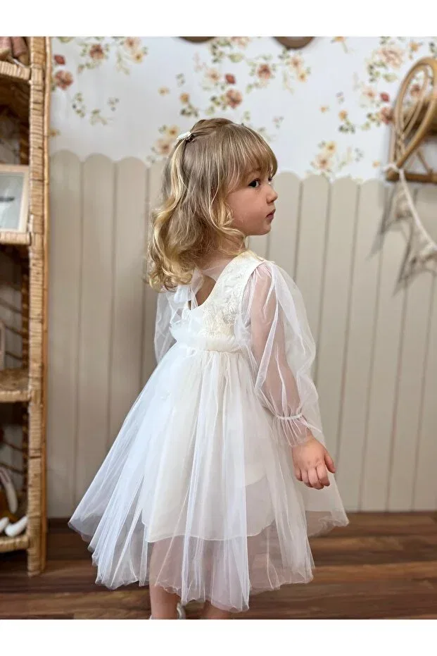 Детское платье для девочек с длинным рукавом White flower girl dress Ministok, Ecru