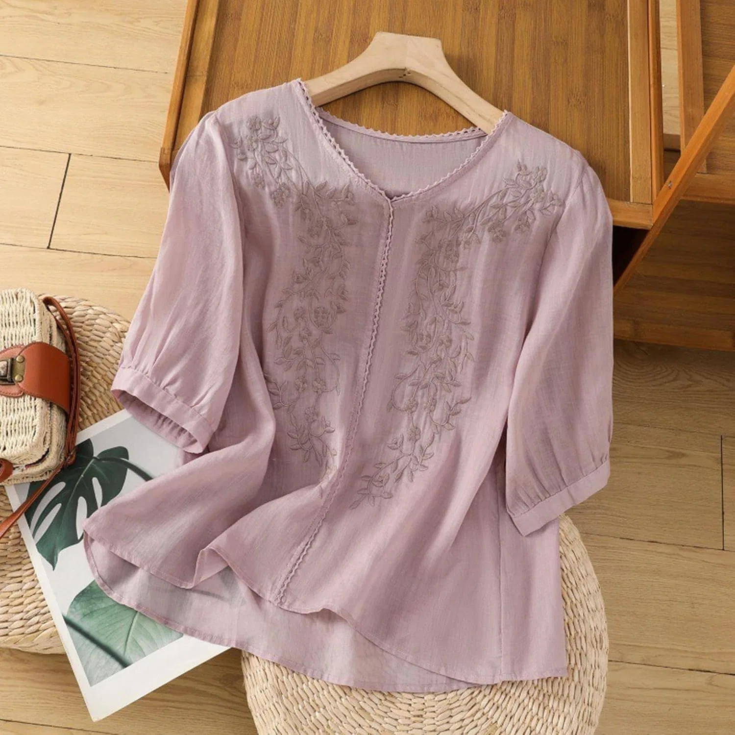Женская туника с вышивкой и коротким рукавом, модель Vintage Dressy, фиолетовый — фото 2