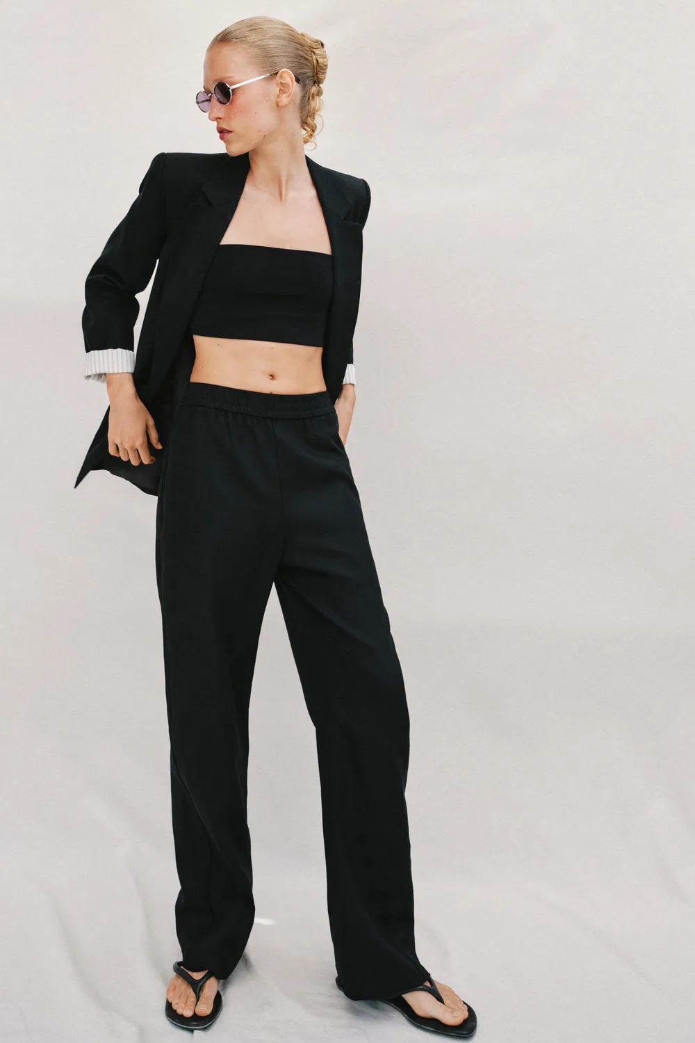 Прямые брюки из смеси льна ZARA, Black