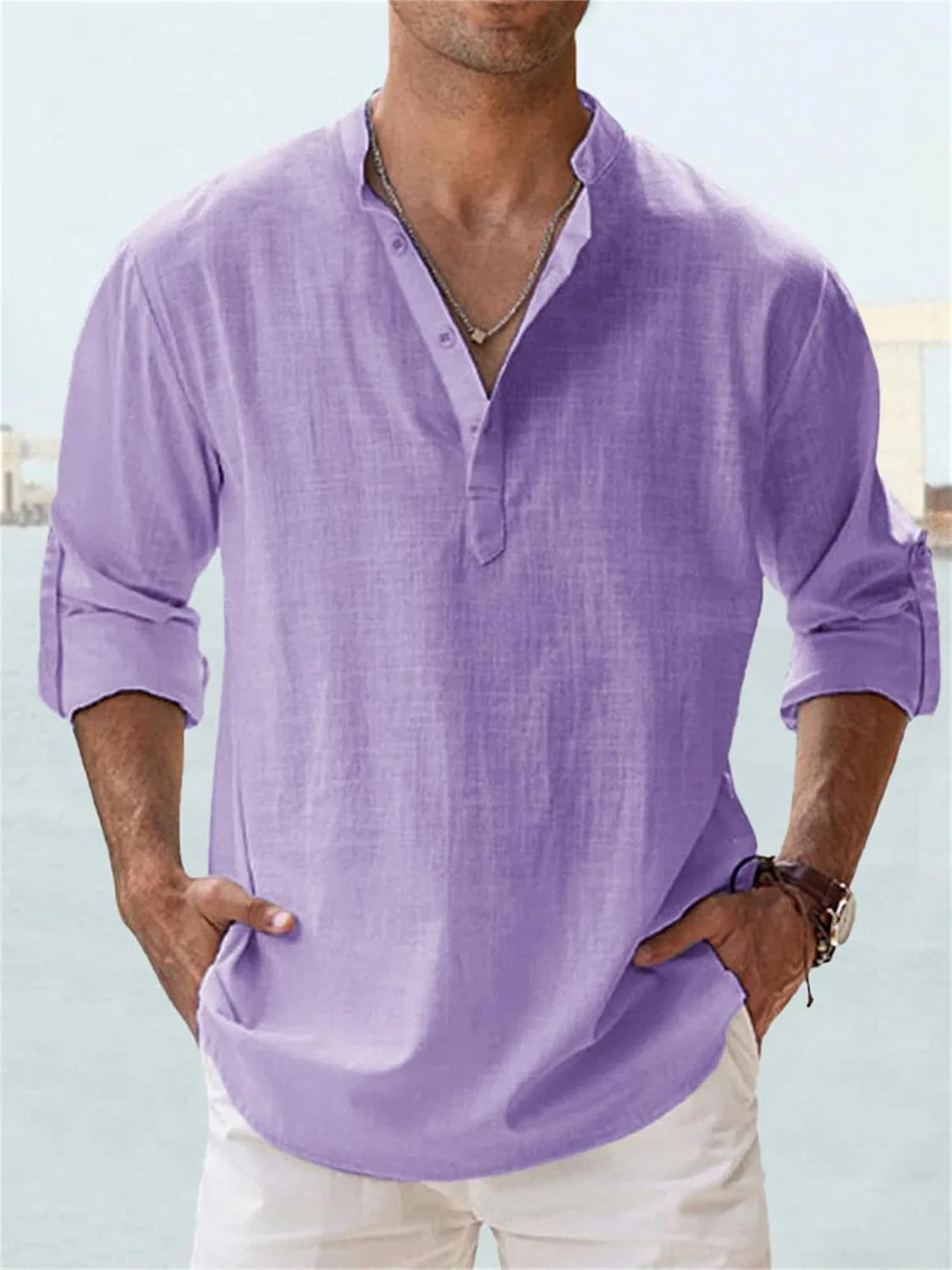 Мужская спортивная футболка с длинным рукавом Quarter Button, Purple — фото 2