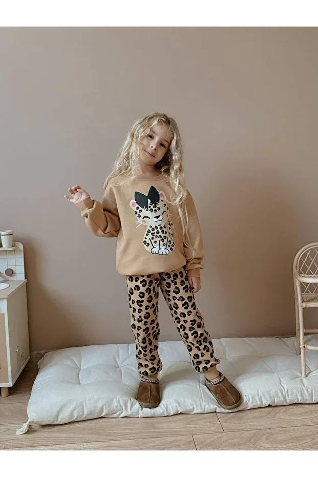 Детский комплект спортивного костюма для девочек хлопковый Milays Life Home Collection, Little Leopard — фото 2