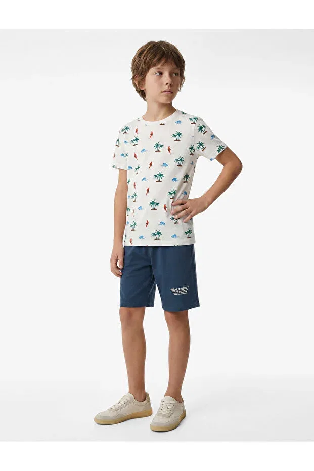 Детская футболка для мальчиков с принтом Palm Printed Short Sleeve Crew Neck Cotton T-Shirt Koton, White Patterned — фото 2