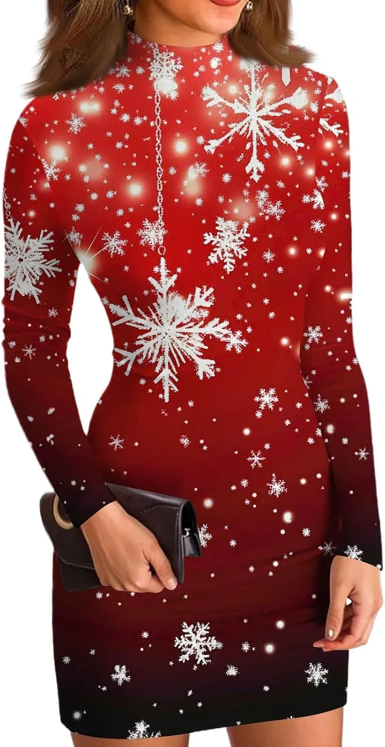 Женское платье с круглым вырезом принтованное Slim Fit, Red
