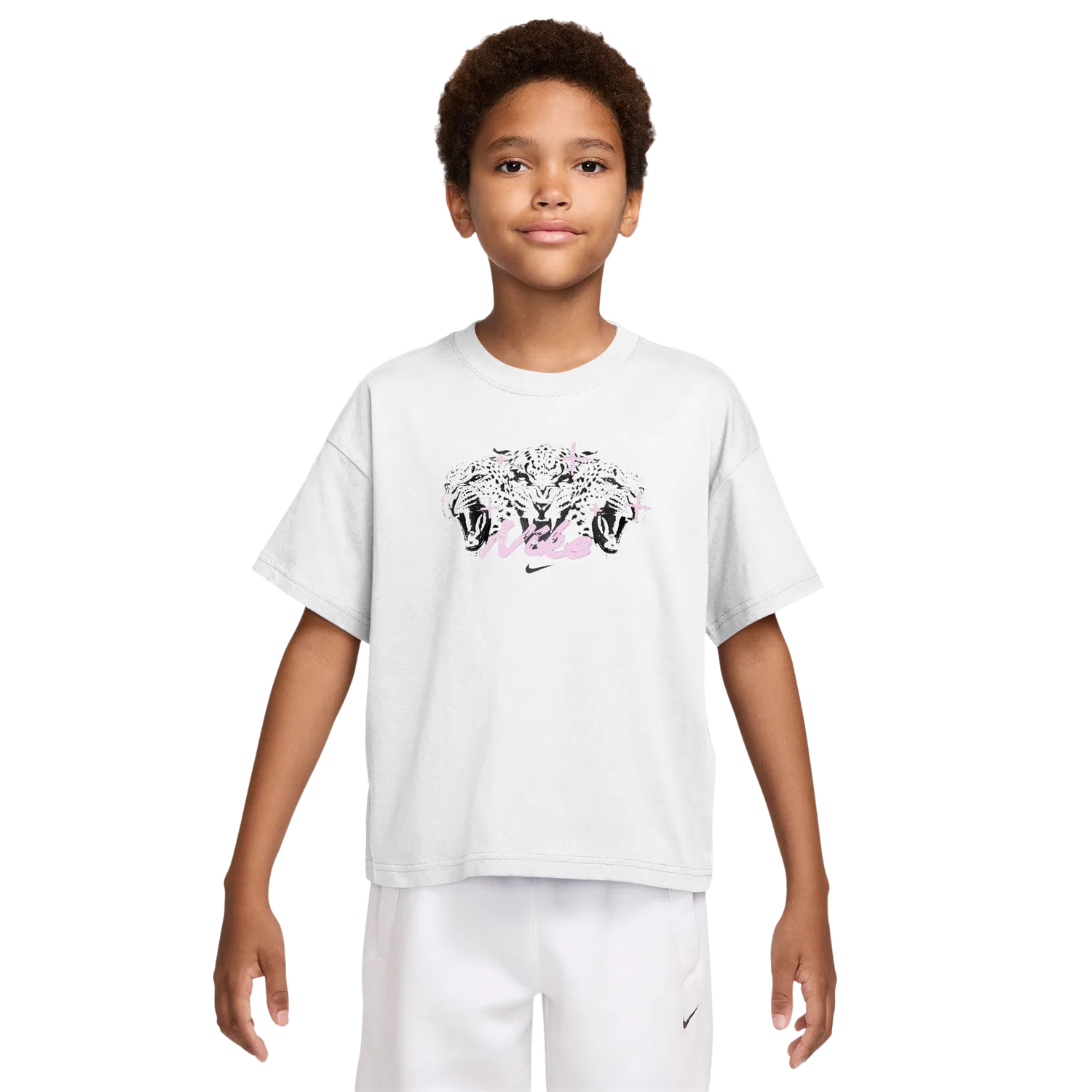 Детская футболка для девочек с принтом Boxy Leopard Nike, White Black — фото 4