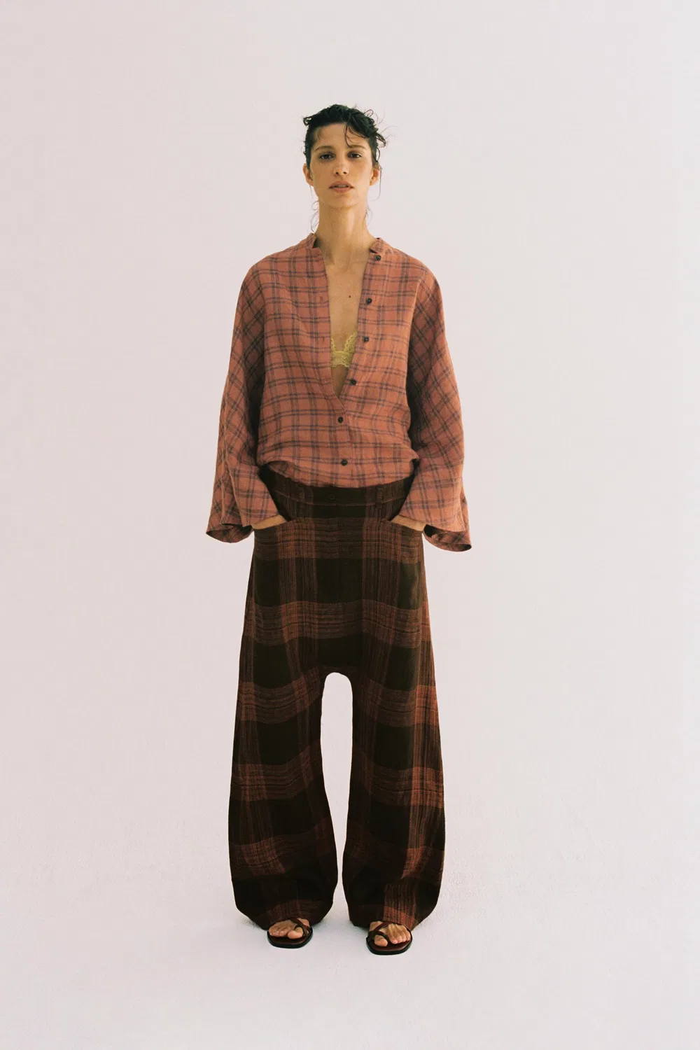 Брюки из клетчатого льна из коллекции ZW ZARA, Brown