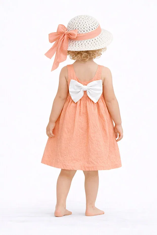 Детское платье для девочек хлопковое 2-предметный комплект Sweet baby girl summer dress with bow hat cotton 2-piece dress Chicsy Baby, Salmon — фото 2