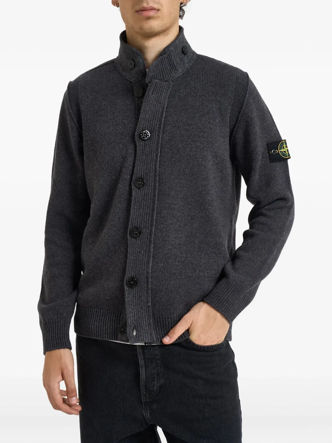 Шерстяной джемпер на молнии и пуговицах Stone Island, серый