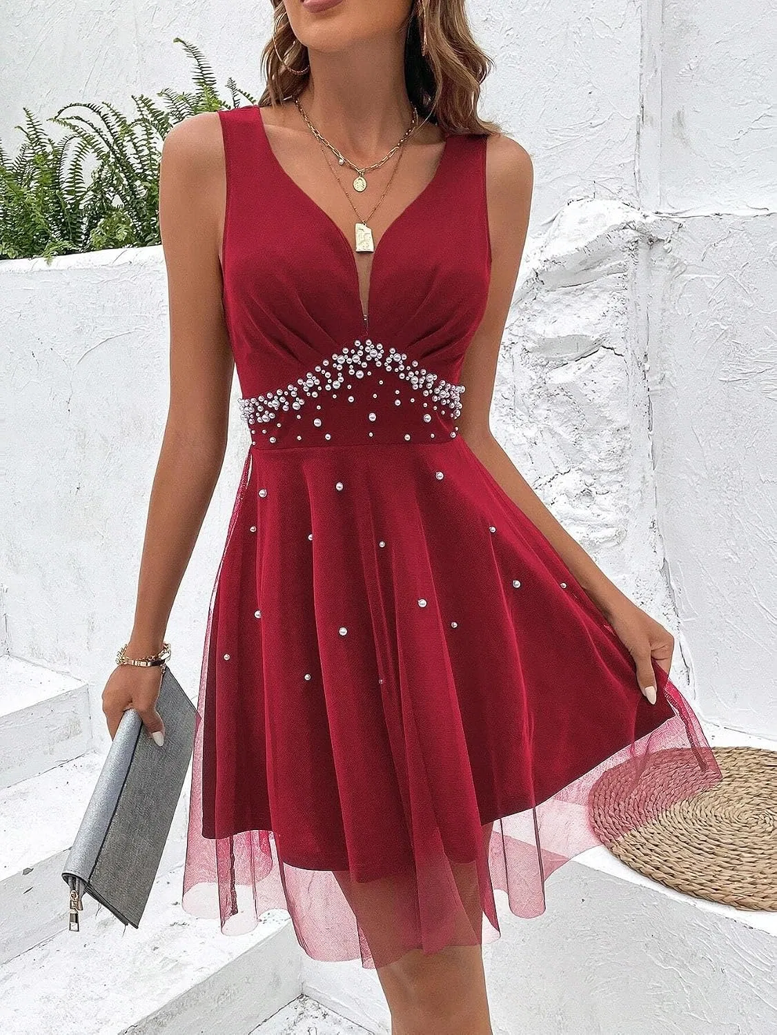 Женское элегантное платье A-силуэта с бисером, Red — фото 2