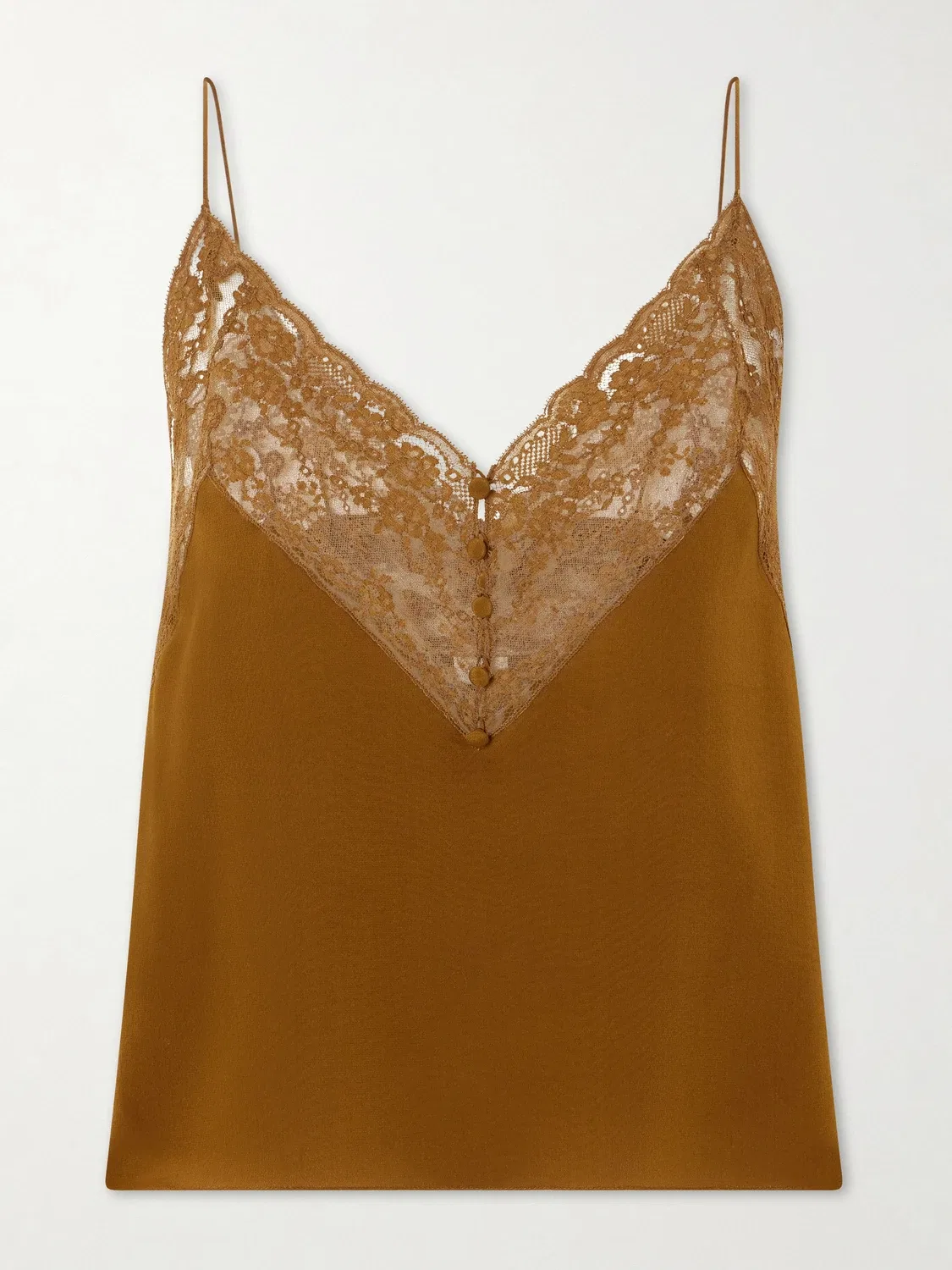 Шелковая майка с кружевной отделкой SAINT LAURENT, коричневый