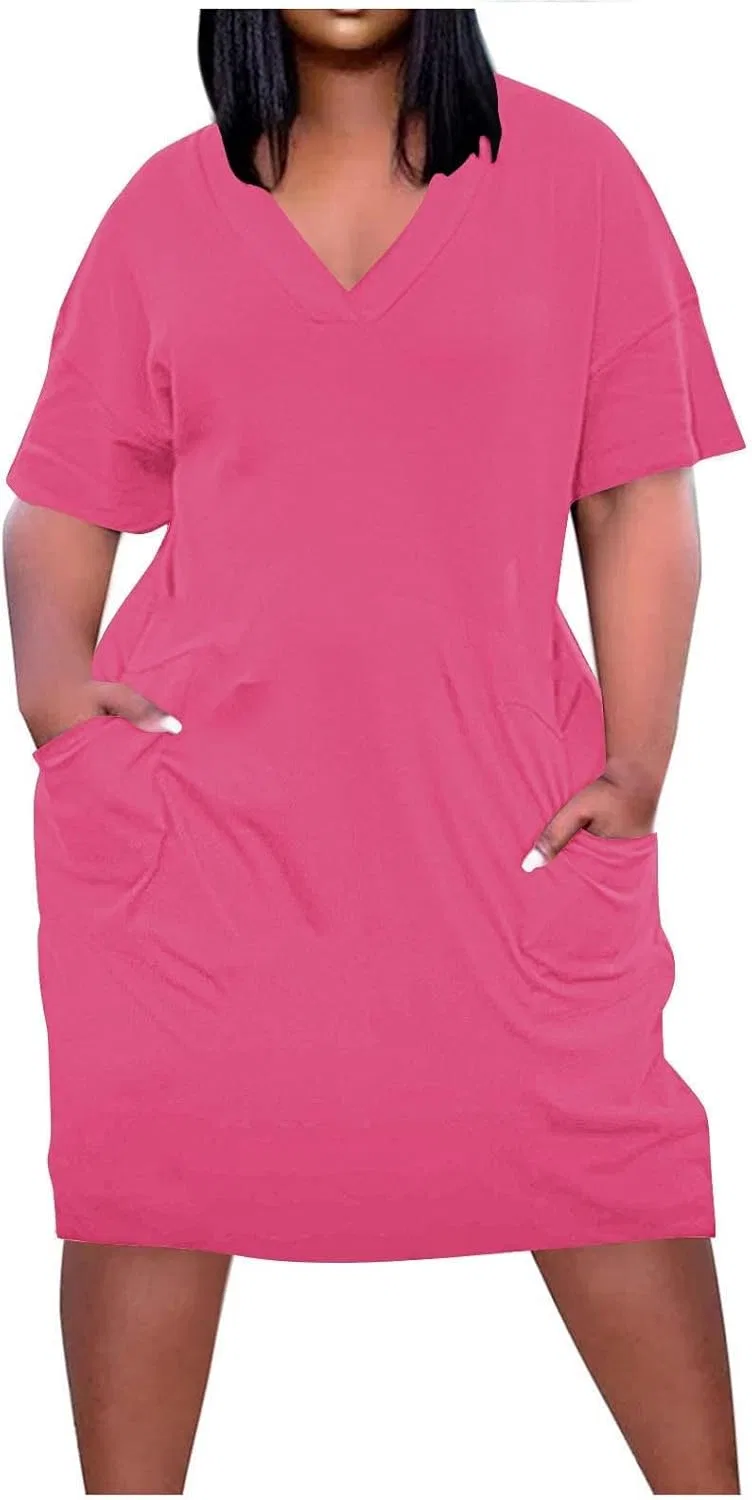 Повседневное платье свободного кроя с V-образным вырезом и карманами, Hot Pink